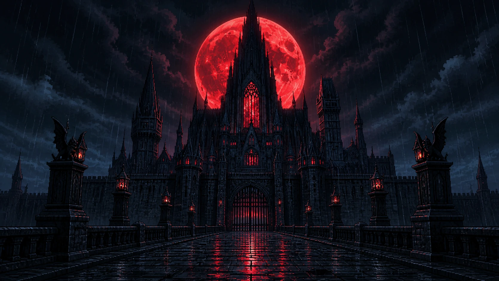 Castle Valdran's gates beneath a blood-red moon.