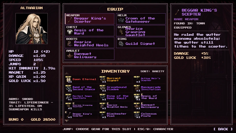 Altharian's equipment and collected items in the inventory screen.