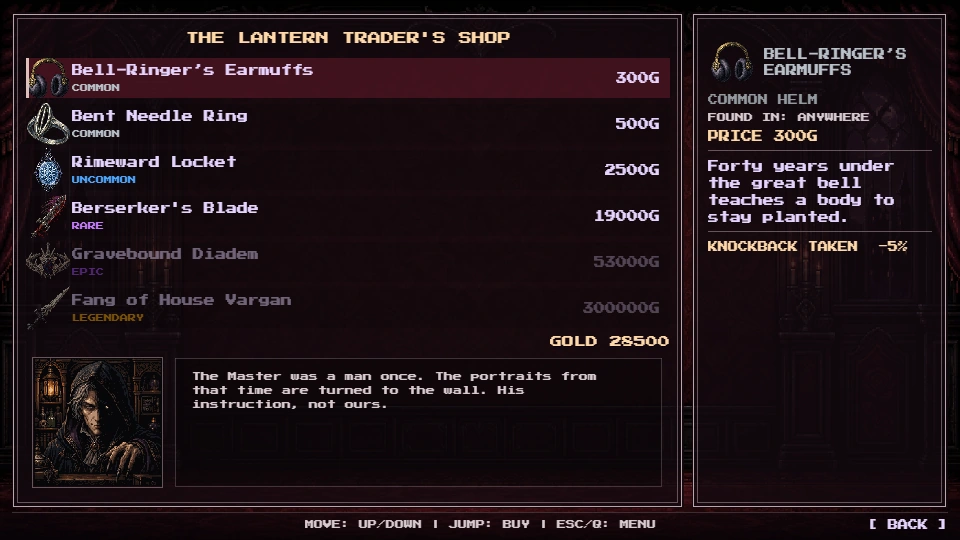 The Lantern Trader's shop with six example offers and item details.